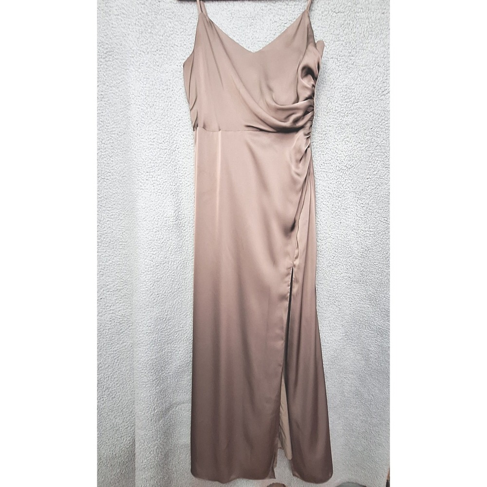 Birdy Grey Dress Womens Medium Taupe Satin Draped Surplice Maxi Bridesmaid Gown